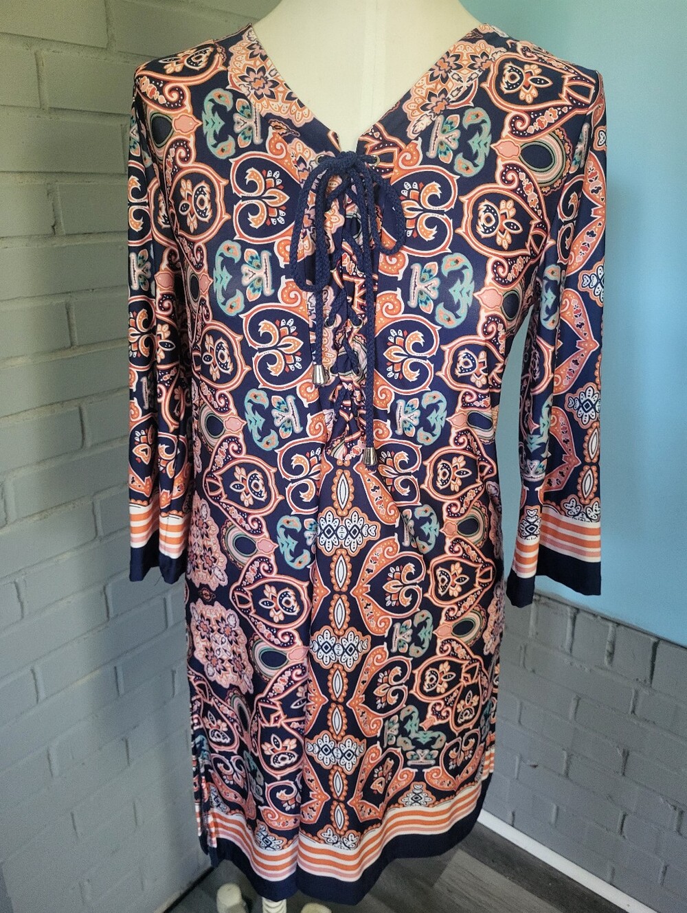 Saint Tropez West Navy and Coral Print Tie-Front Long Sleeve Dress